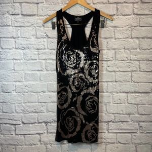 3/$15 Angie Black Sequin Floral Tank Top Large Womens Roses Black Silver Gold
